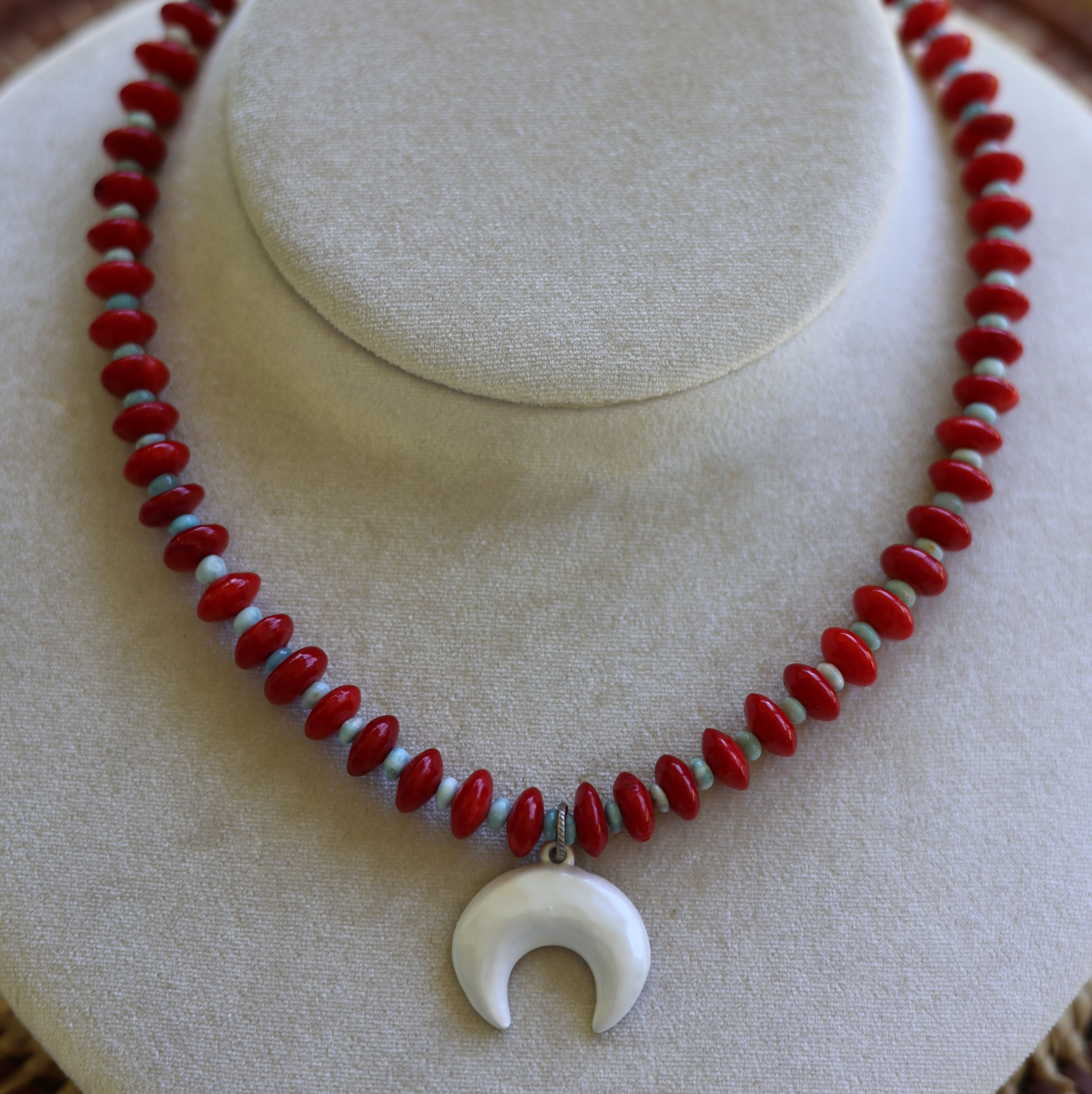Coral & Larimar Crescent Necklace 16-18”