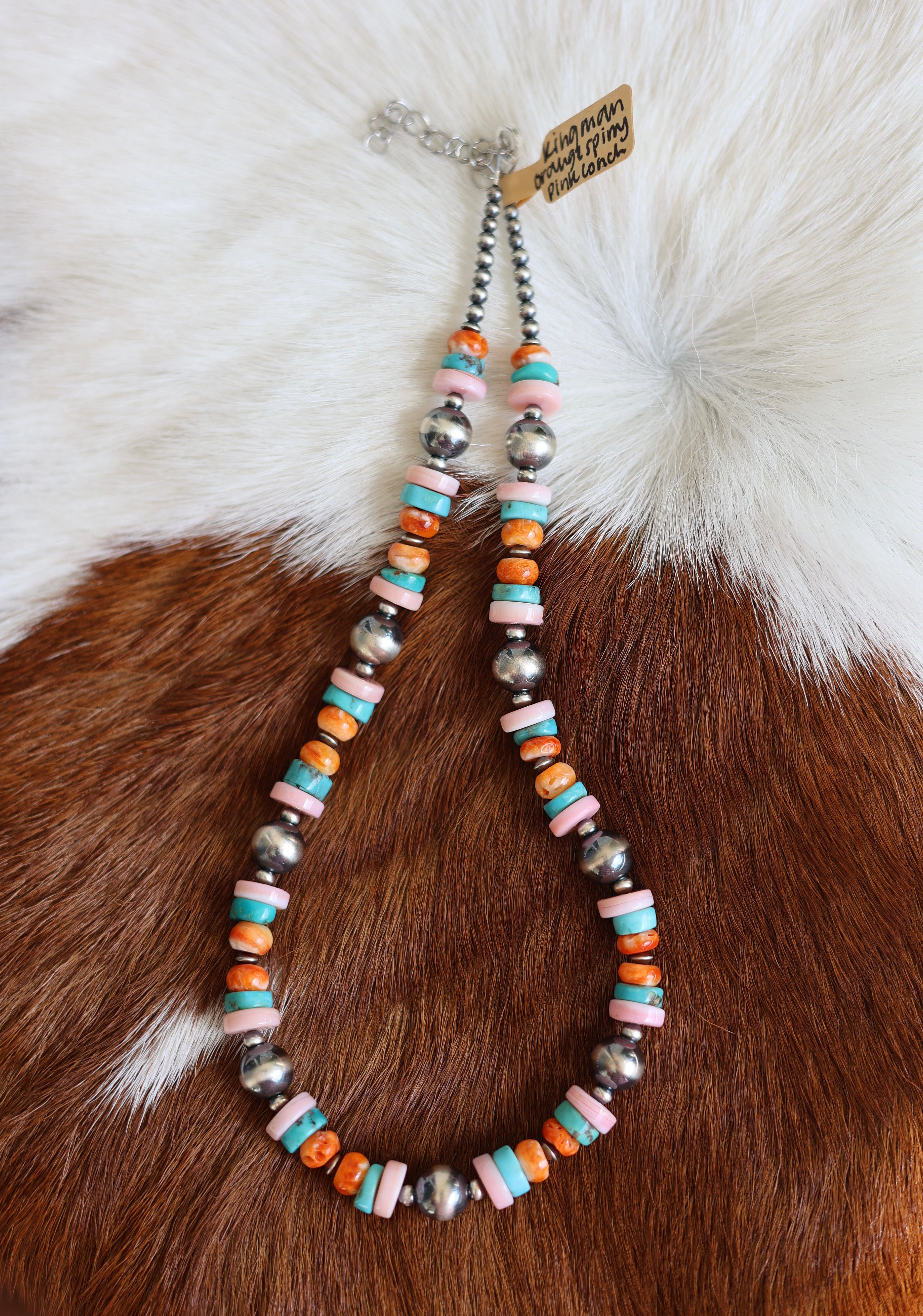 Kingman Turquoise, Orange Spiny, & Pink Conch Necklace 14-16”