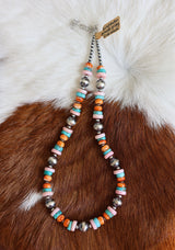 Kingman Turquoise, Orange Spiny, & Pink Conch Necklace 14-16”