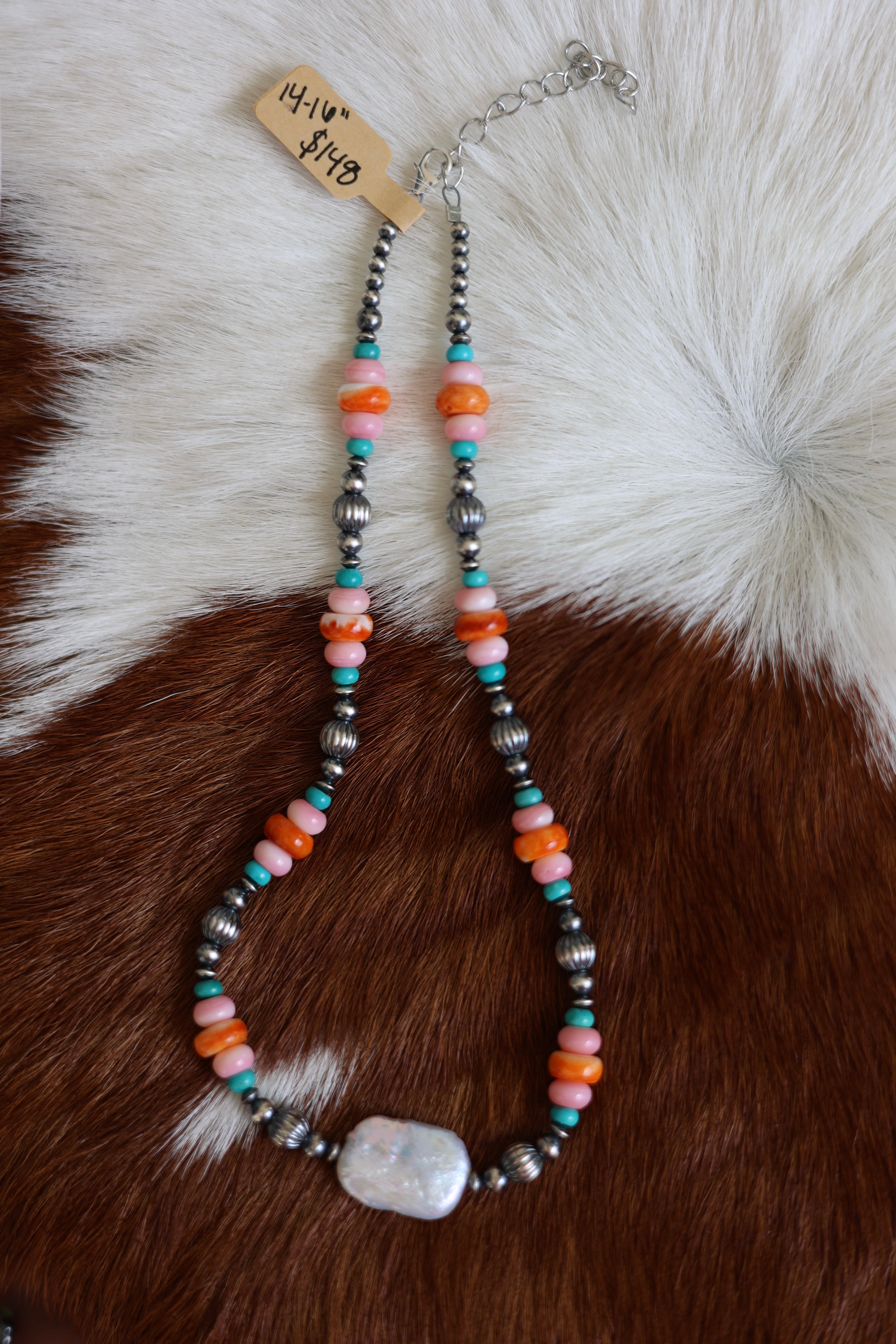 Hubei Turquoise, Pink Conch, Orange Spiny, & Freshwater Pearl Necklace 14-16”