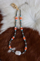Hubei Turquoise, Pink Conch, Orange Spiny, & Freshwater Pearl Necklace 14-16”