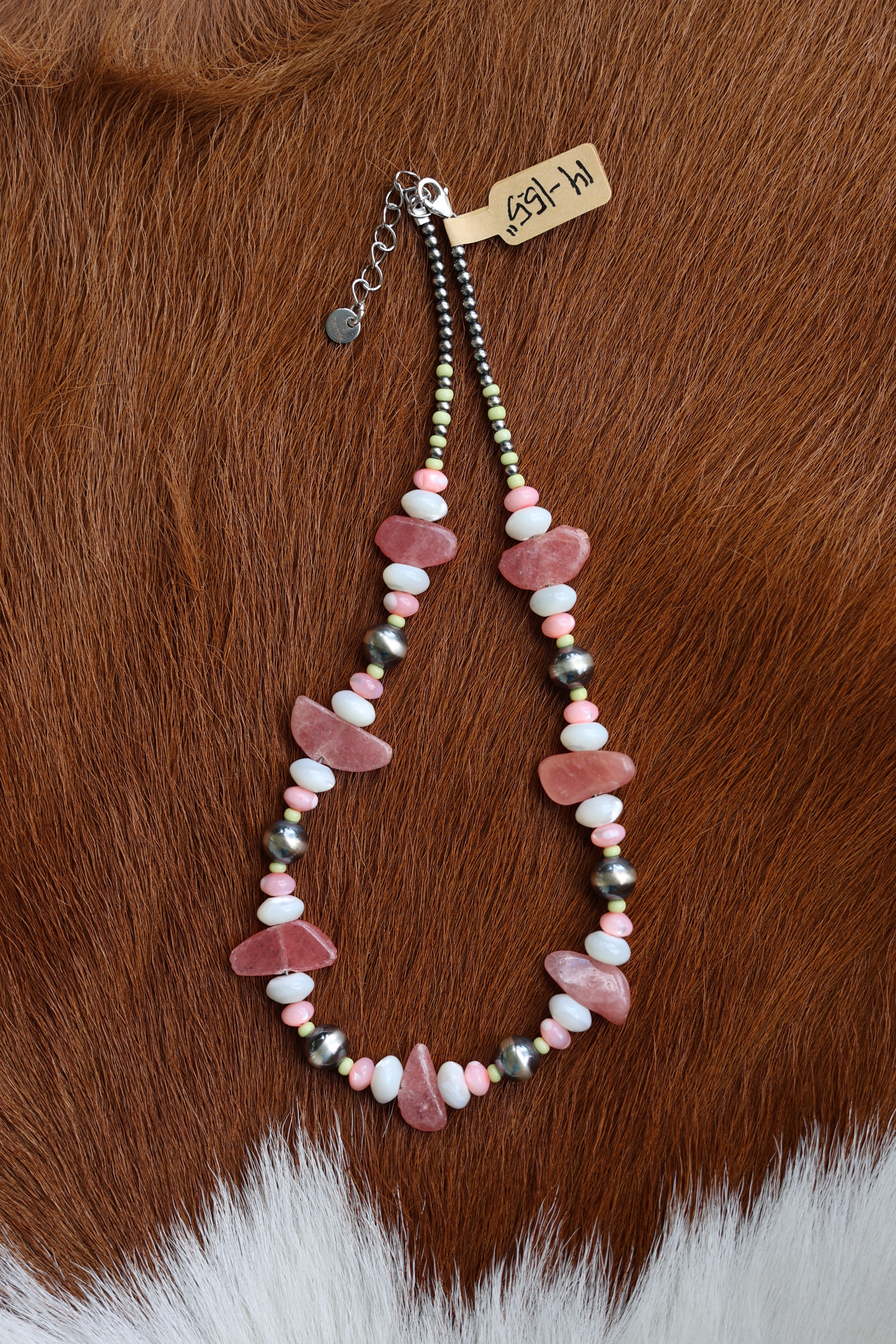 Rhodochrosite, Mother of Pearl, & Czech Glass Necklace 14-15.5”