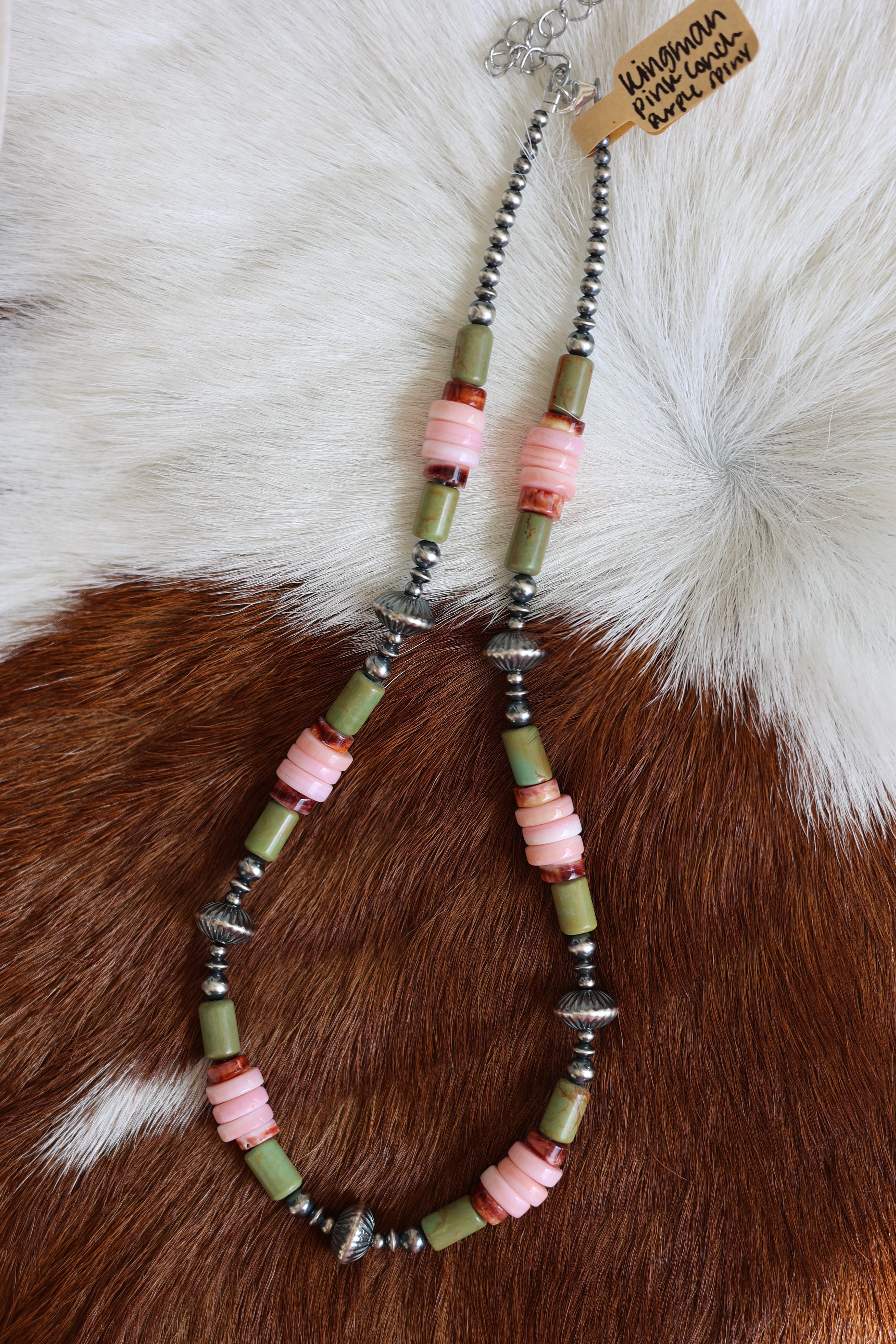 Kingman Turquoise, Spiny Oyster, & Pink Conch Necklace 15-17”